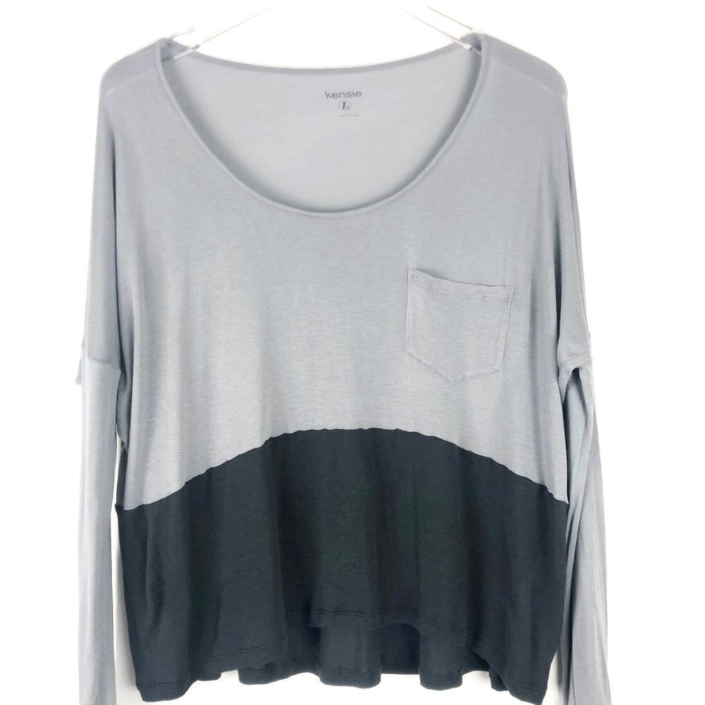 Kensie Lightweight Top Women's Size L Grey Charcoal Long Sleeve Pocket T-Shirt